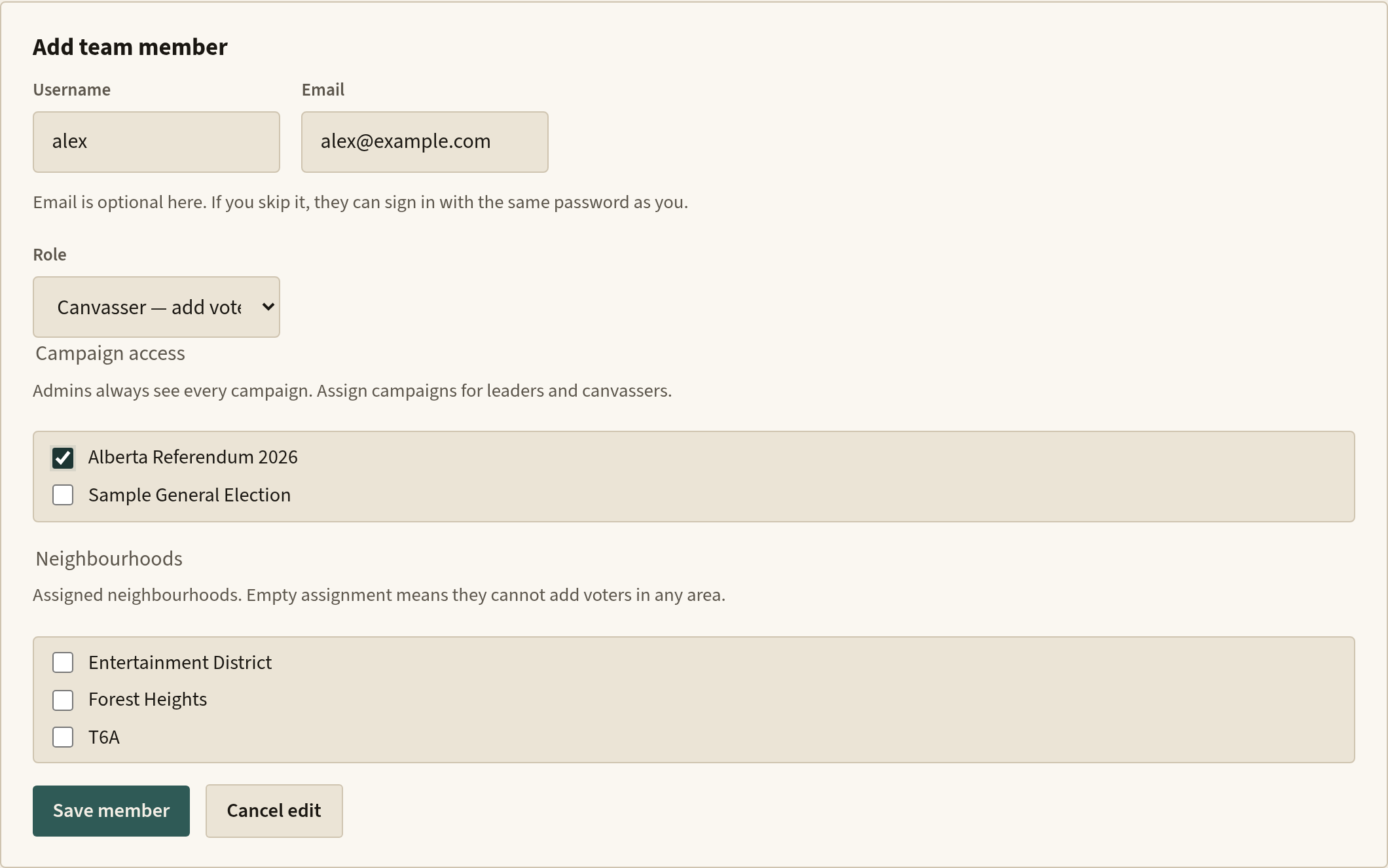 Add team member form with a canvasser username, email, and campaign checked.