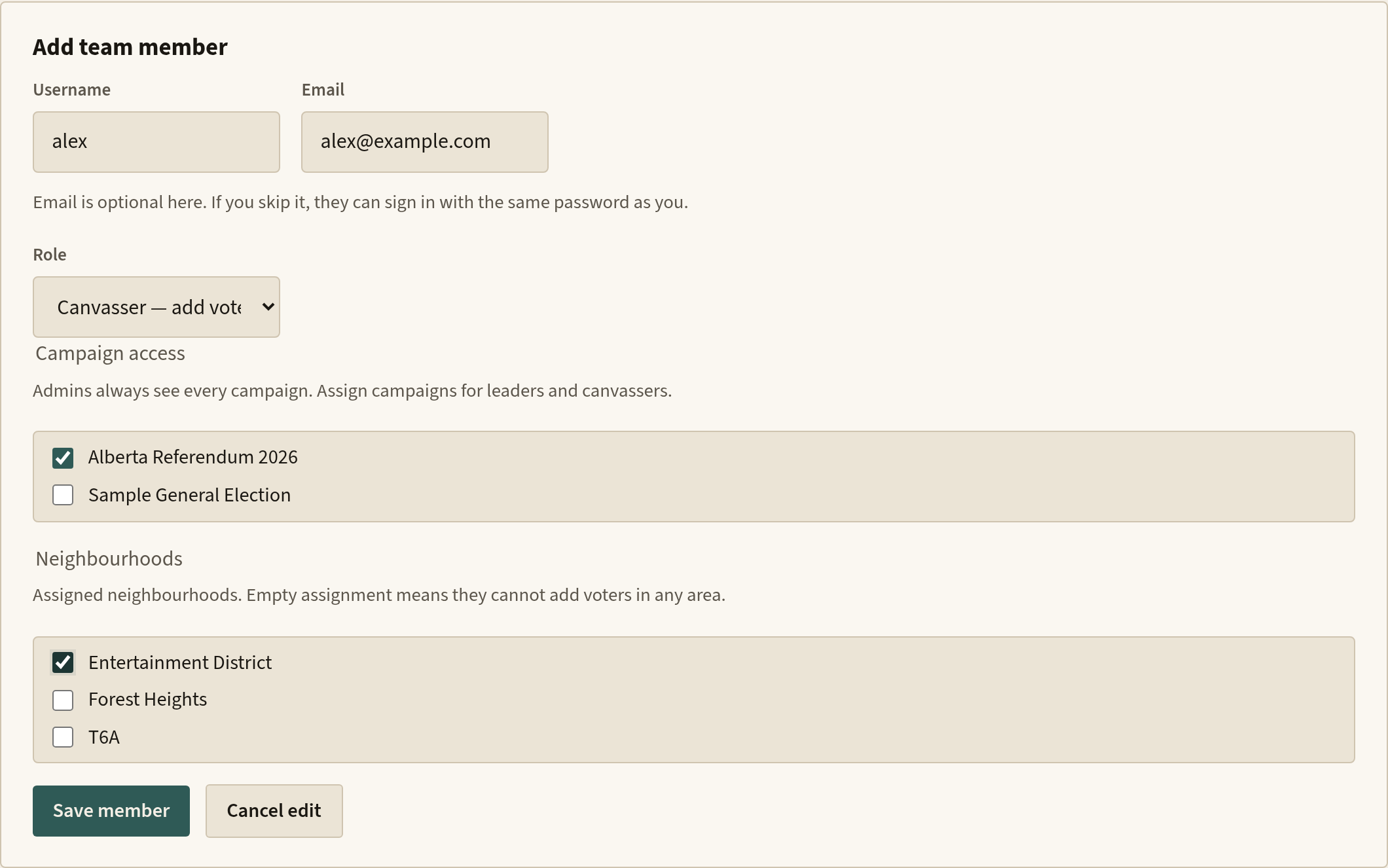 Team form showing neighbourhood checkboxes with a neighbourhood assigned to the canvasser.