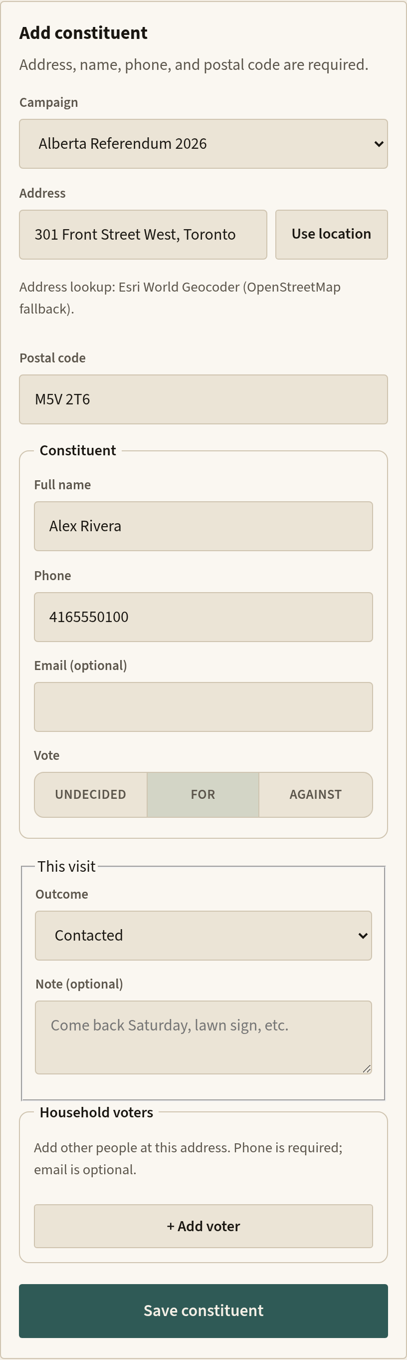 Canvass form with address, postal code, name, phone, and vote filled in for a new household.