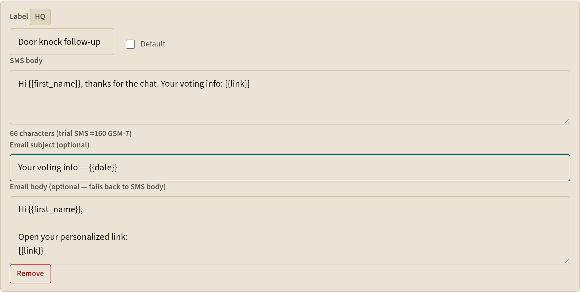 Messages editor with a new template labelled Door knock follow-up and an SMS body using placeholders.