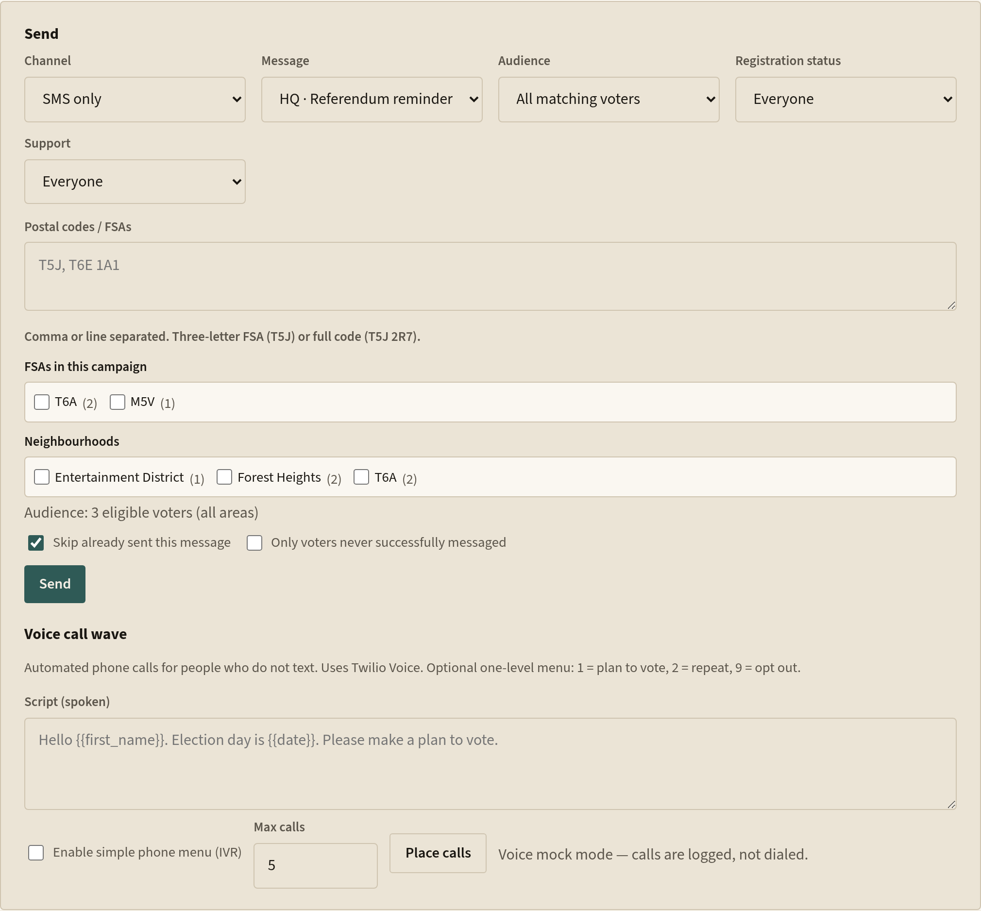 Send panel with channel, message, support, and neighbourhood filters, and a Send button.